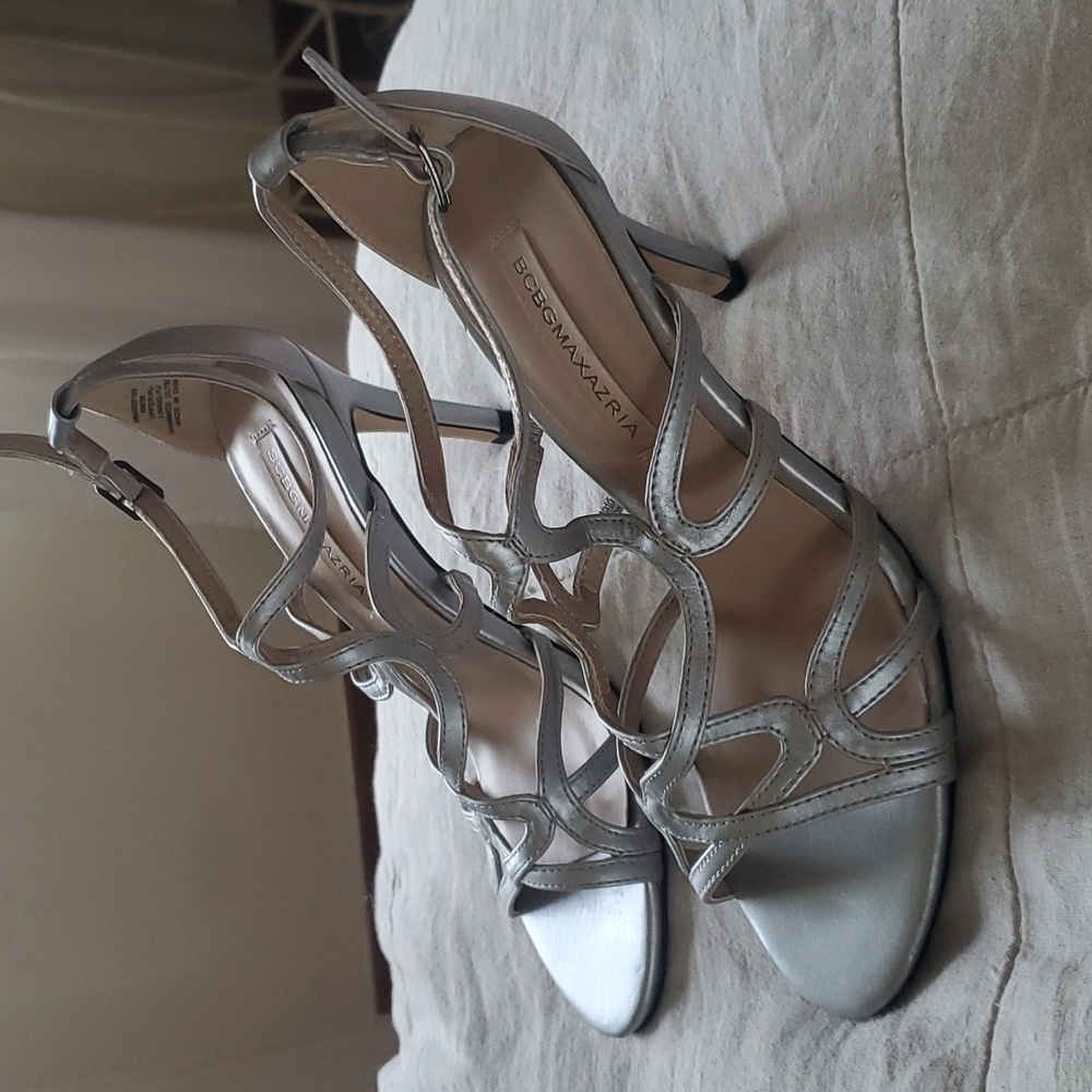 BCBG silver strappy stiletto heels size 6